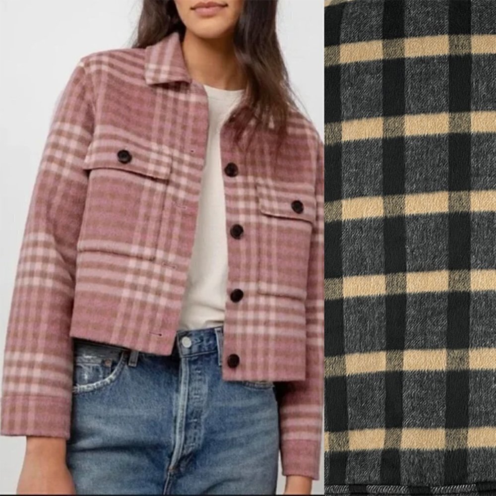 SALE Joie Camel Black Windowpane Plaid Brushed Flannel Cropped Tab Shacket L